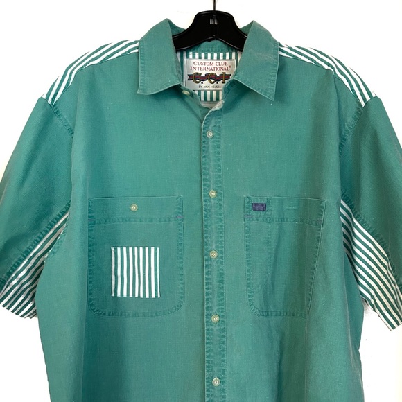 Vintage Van Heusen Teal Green Men’s Button Up T Shirt White Stripes XL Cotton - Picture 3 of 13